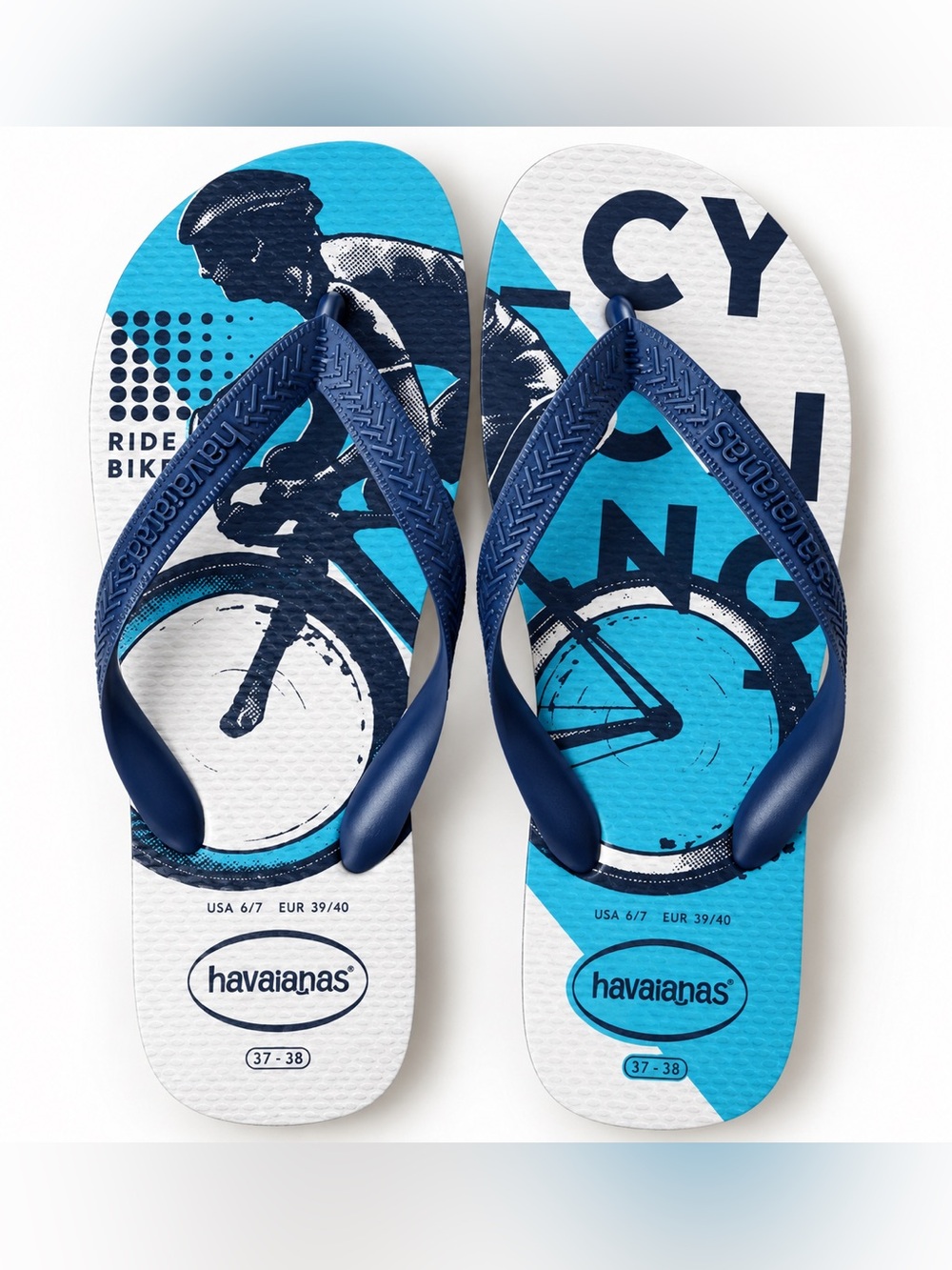 Havaianas Unisex Flip Flops Bicycle Print Blue White US 6/7 EU - Brazil 37/38